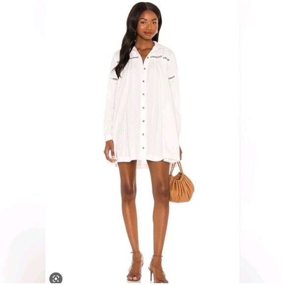 Free People Kennedy Mini Dress XS White Boho Peasant Button Front Beachy - Picture 4 of 13